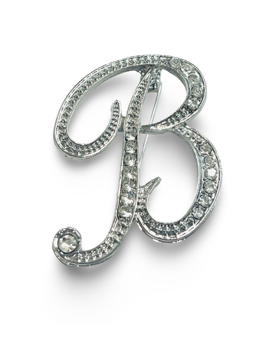 Brooch Letter B, NIP, rhinestones set on silver tone base, 1.75” ht,